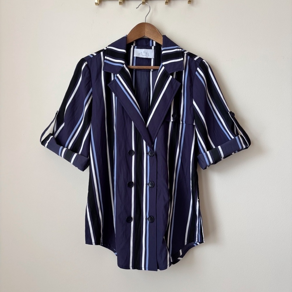 Pearl By Lela Rose Blue Striped Double Breasted Camp Shirt Medium Coastal Summer